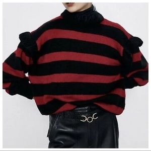 Zara Red Black Striped Tulle Ruffle Neck Mohair Blend Knit Sweater Size S